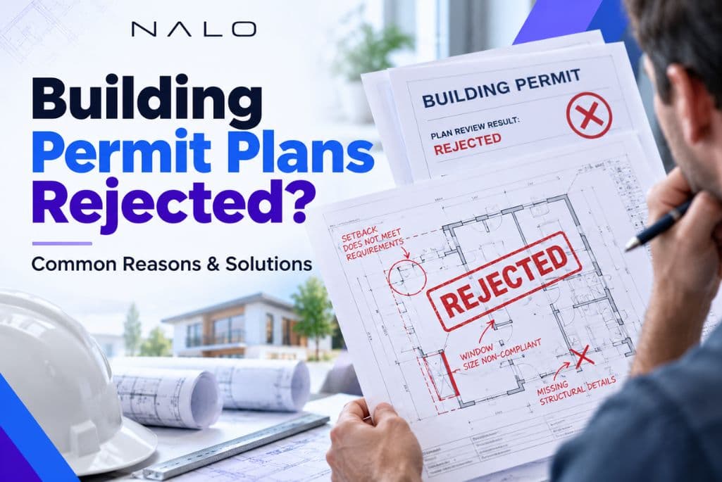 Rejected building permit plans with a correction notice from a Texas building department