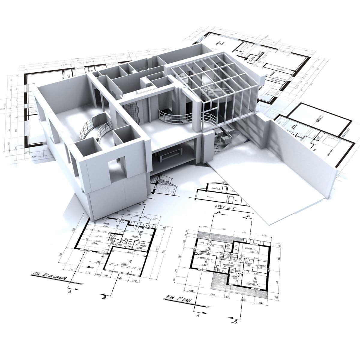 3D house model on blueprint drawings